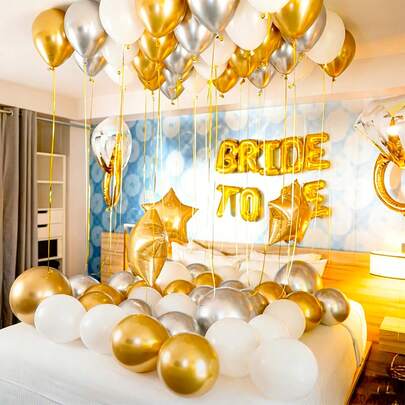 74pcs/Set Gold Bride-To-Be Party Balloon Set - Includes Diamond Ring, "BRIDE TO BE" Letter Balloons, Pentagram, Latex Balloons, Suitable For Wedding, Bridal Shower, Bachelorette Party, Home Party Decor, Becoming A Bride Party, Birthday Decor, Bachelorette Party Decor