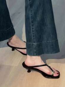 5cm New Colorblock Minimalist Wedge Heel Open Toe Sandals For Women, Summer - Black - View 6