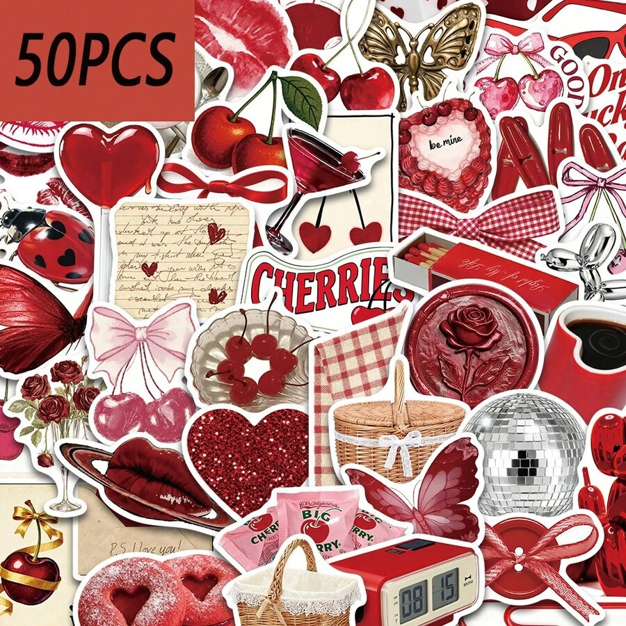50pcs Y2k Style Cherry Colored Stickers, Suitable For Decorating Tablets, Luggage, Storage Boxes, Waterproof Stickers - Multicolor - View 1