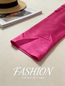 European & American Style Women's Elastic Waist Straight Leg Pants With Side Pockets, Smooth Satin Finish, Suitable For Commuting And Streetwear - Hot Pink - View 8