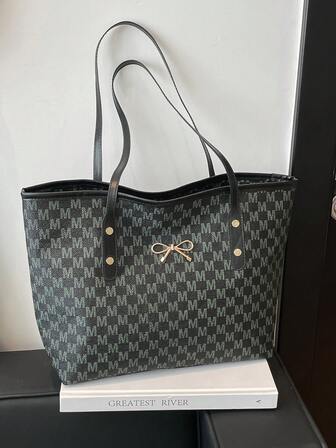 2025 New Casual Large Capacity Rhombus Pattern Solid Color Bow Handbag, Minimalist Fashion Tote Bag