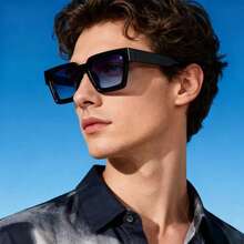 1 Pair Unisex Thick Frame Fashion Cool Classic Fashion Glasses, Full Frame Street Style Versatile Eyewear - Black Frame Blue - View 6