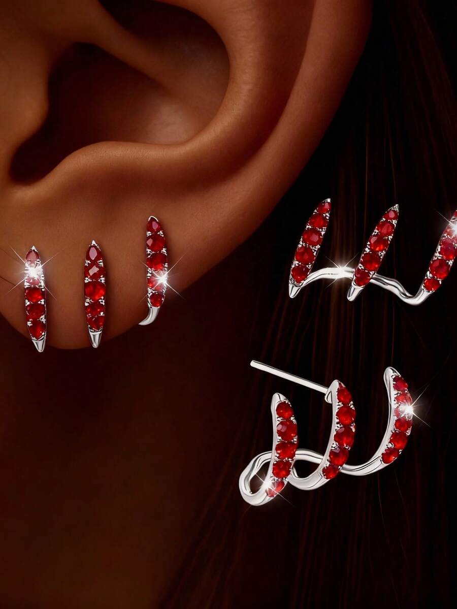 2pcs New Diamond Inlaid Minimalist Design Layered Curved Earrings For Women - Red - View 1
