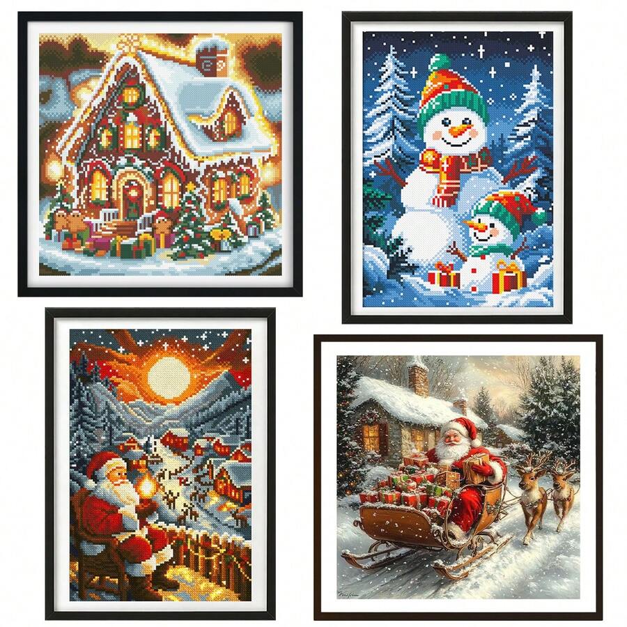 [圣诞十字绣套件] 圣诞雪夜 DIY 材料包，11CT 中格三股绣花，适合初学者，圣诞老人雪城图案，家居装饰摆件礼物