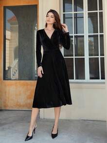 Elegant Women's Dress, Velvet Warm Long-Sleeved Slimming Skirt - 黑色 - 查看 5