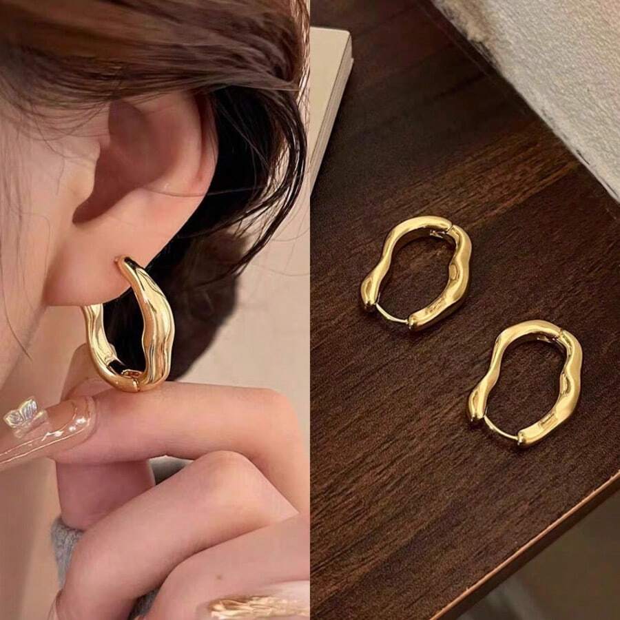 1 Pair Irregular Geometric Earrings Minimalist Style Earrings Niche Design Vintage High-End Feel Earrings - Suitable For Daily Wear, Parties, And Various Occasions - 金色 - 查看 1