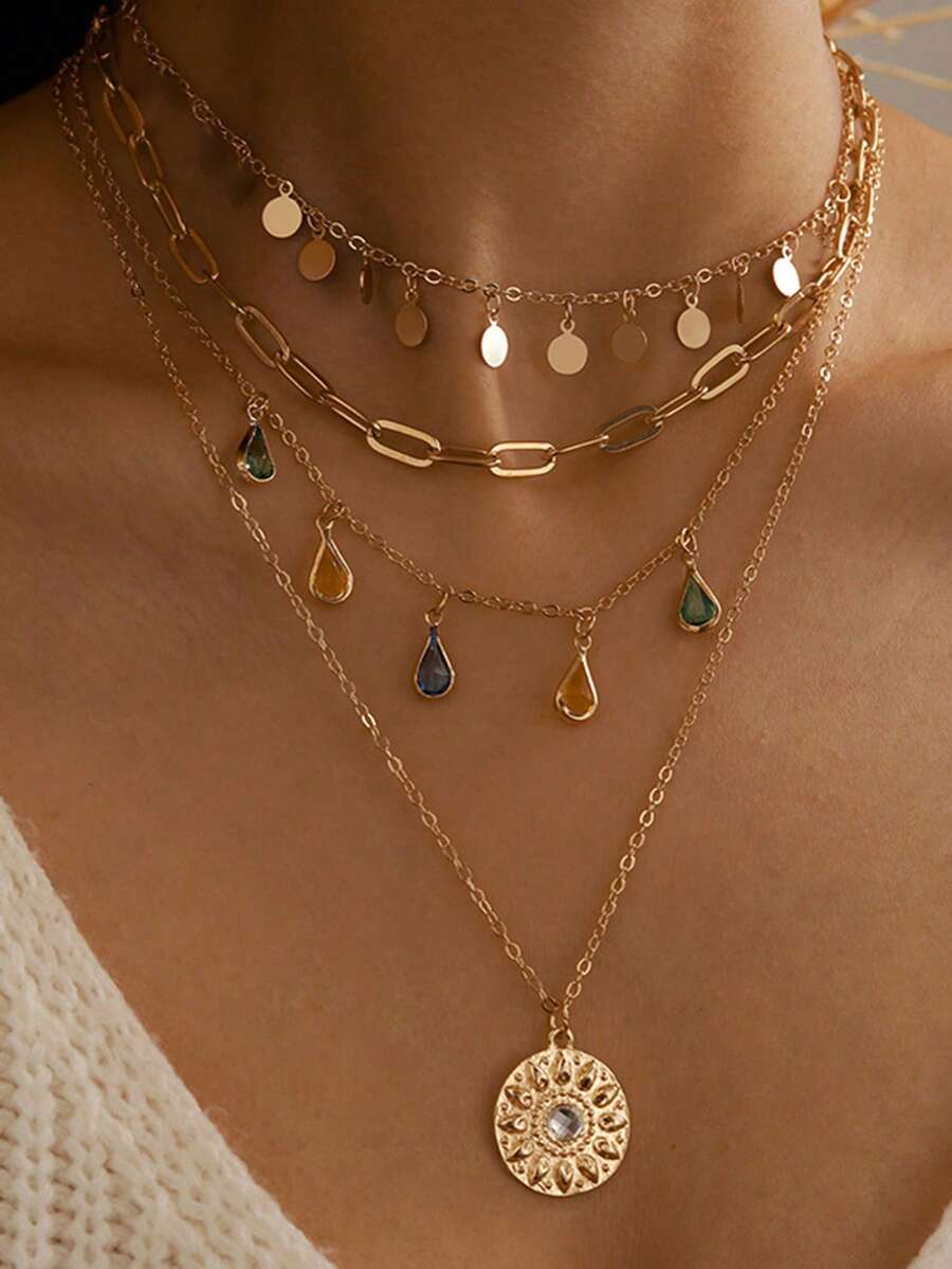 1pc Geometric Circle Tassel Necklace, Alloy Clasp, Crystal Tassel Pendant Necklace, Suitable For Party, Vacation, Gift Giving, Daily Wear - Gold - View 1