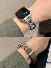 适用于苹果手表的男女通用表带，单条银色不锈钢金属链搭配棕色皮革表带，兼容苹果手表 Ultra S11/10/9/8/7/6/5/4/3/2/1 SE 38mm 40mm 41mm 42mm 44mm 尺寸，适合苹果智能手表配件，女士表带，纤细手腕佩戴更显精致，新年、情人节礼物佳选。 - 摩卡棕 - 查看 4