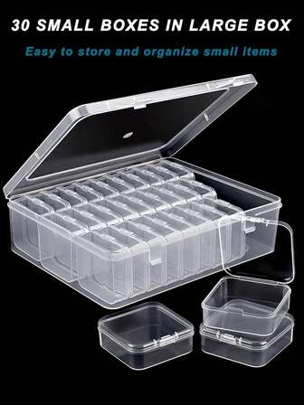 30/28/12 piezas Cajas de almacenamiento de plástico transparente - Cajas para joyas adecuadas para cuentas, joyas, manualidades, collares, aretes, anillos, alfileres, engranajes, clavos, botones, tornillos, clips pequeños, herramientas pequeñas, etc. Cajas de almacenamiento de joyas cuadradas transparentes portátiles, organizador de joyas, aretes, collares de múltiples usos, gabinete de exhibición de joyas con cubierta antipolvo, cajas de almacenamiento esenciales para la organización de regreso a la escuela y proyectos creativos - Ideal para regalos de Navidad, Año Nuevo y San Valentín - Mantenga su espacio ordenado