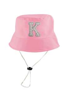 1 Pc A-Z Letter Sun Hat Toddler Boys Girls Bucket Hat Sun Protection Wide Brim Outdoor Hat Baby Bucket Hat With Chin Strap - Pink - View 10