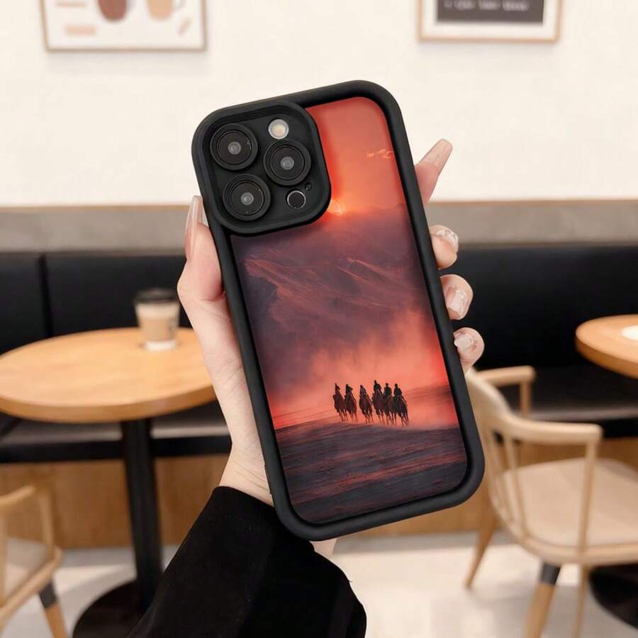 Cubierta de teléfono con borde negro diseño de atardecer con jinetes en el desierto para uso diario y viajes,Aplicable a los teléfonos de la serie Apple y Galaxy - Negro - Ver 1