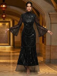 女士纯色立领网纱拼接刺绣串珠超大喇叭袖柔软长款连衣裙，优雅奢华，适合宴会、派对、盛会等正式场合，黑色长袖礼服，春季款 - 黑色 - 查看 3