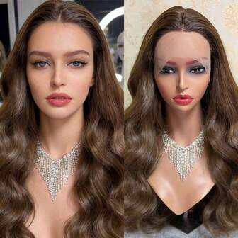 Peluca sintética larga y ondulada resistente al calor con encaje frontal, sin pegamento, cabello ombre marrón y rubio para mujeres