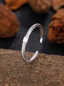 1枚925纯银镀铂金简约光滑圆柱珠开口戒指，编织纹理设计，日常佩戴基本款银饰，送给女朋友的礼物 - 銀色 - 查看 7