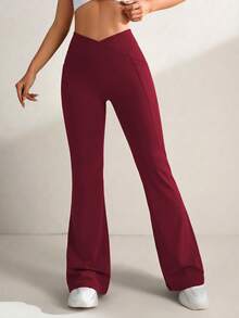 MFVIM Women's High-Waisted Flare Pants, Red, Crossover Waistband Design, Slim Fit, Tummy Control, Breathable & Comfortable, Stretchy & Soft, Pockets, Suitable For Commuting, Outdoor, Running, Cycling, Yoga, Pilates, Gym Workout