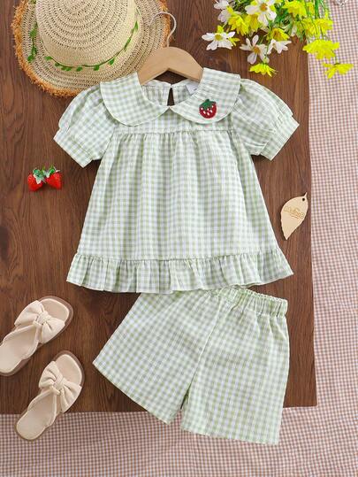 2pcs/Set Girls Casual Strawberry Print Soft & Comfortable Woven Patch Short Sleeve Top And Shorts Set, Suitable For Outdoor Wear, Spring/Summer