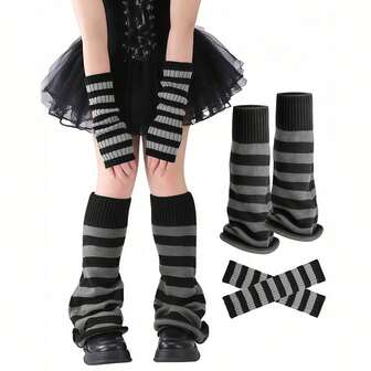 2ชิ้น ชุดผ้าวอร์มขา ลายทางรูปดาว YK สำหรับผู้หญิง: ผ้าวอร์มขา 1 คู่ + ผ้าวอร์มแขน 1 คู่, เหมาะสำหรับงานคาร์นิวัล, อนิเมะคอสเพลย์, เครื่องประดับเต้นรำแบบยืดหยุ่น, ปลอกขาและแขนถัก