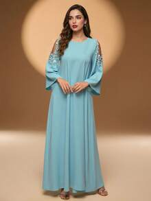 Solessence 优雅的阿拉伯风格长款圆领梭织面料连衣裙，饰有串珠和珍珠，袖长及腕，袖子常规。 - 薄荷藍 - 查看 7