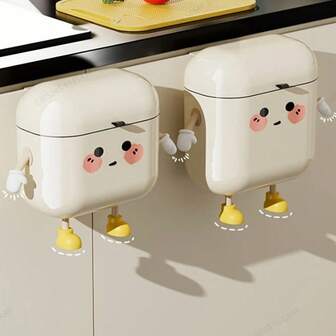 1 pieza Cubo de basura de pared de 2,4 galones/9L con diseño de dibujos animados lindos, con tapa, de plástico duradero, con tecnología de sellado de olores, contenedor de residuos rectangular para el hogar y el baño que ahorra espacio - No se requiere electricidad