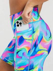 Pantalones cortos deportivos casuales básicos con estampado de teñido anudado para mujer de talla grande, pantalones cortos de yoga de cintura alta con bolsillo para teléfono, adecuados para regalos de Navidad, Año Nuevo, Día de San Valentín, correr, entrenamiento, fitness, uso diario, verano - Azul - Ver 3