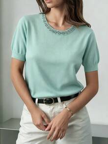 GIGOGOU New Basic Summer Women Knit T-Shirt, Fashionable Hot-Selling Casual Short Sleeve T-Shirt - Green - View 6