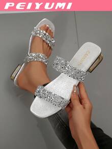Sandalias planas con tiras de cristal paralelas para mujer, elegantes y versátiles para la playa - Plateado - Ver 2