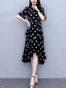 Vestido largo para mujer Diseño de inspiración coreana Falda corta de lunares Niche Lunares redondos en rojo y negro - Negro - Ver 5