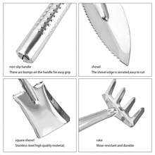 Juego de 3 herramientas de jardín de acero inoxidable kit de jardinería paleta de mano ligera paleta de trasplante rastrillo de mano para suculentas sueltas piso de plántulas de flores en maceta - Plateado - Ver 3