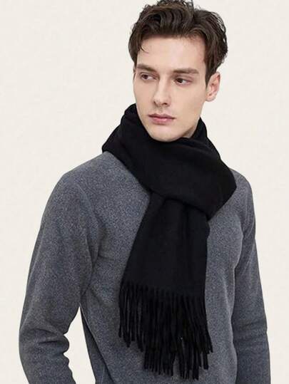 1pc Men's Long Solid Color Scarf, Classic Autumn/Winter Tassel Scarf, Soft Cashmere-Like Feel, Unisex Neck Wrap Or Shawl