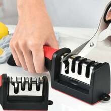 4-Stage Kitchen Knife Sharpener, Handheld Multi-Function 3-Level Quick Sharpening Tool With Non-Slip Base, Fashionable Kitchen Sharpening Accessory, Movable Top Hook, Random Delivery Of Sharpener With Numeric Scale - Black - View 3