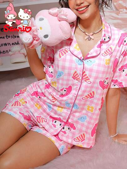 SANRIO 2pcs Women's Digital Print Lapel Button Pajama Shirt & Shorts Set, Cute Sleepwear Suit, Cozy Loungewear Set