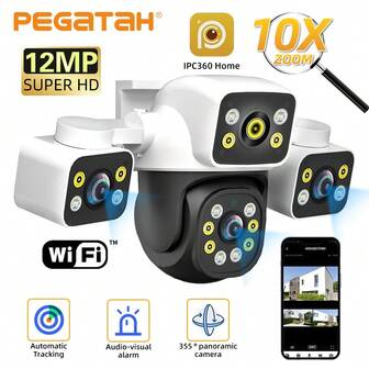 Cámara de WiFi PTZ para exteriores de 12MP, cámara de vigilancia panorámica de triple lente con zoom 10X, seguimiento automático, alarma de audio, del hogar