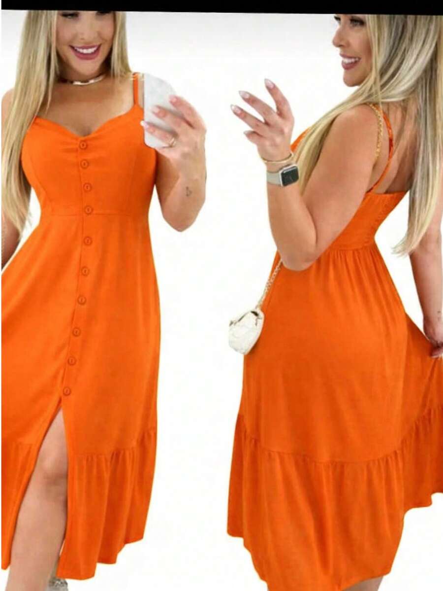 Long Dress In Viscose Linen, Plain, With Thin Straps, Buttons Down The Front, Padded Cups And Lining. Elasticated Back. - Orange - View 1