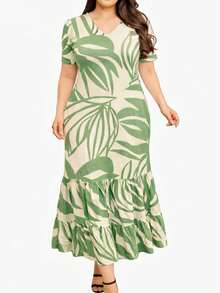 Women's Short-Sleeved, V-Neck, Midi Dress, Plus Size, Knit Fabric With Ruffles, Evangelical Fashion. - 37 - 查看 1