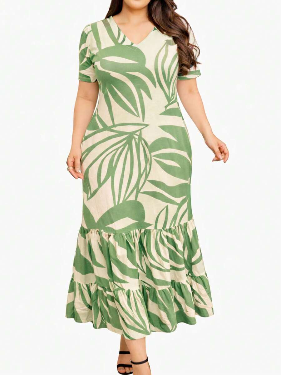 Women's Short-Sleeved, V-Neck, Midi Dress, Plus Size, Knit Fabric With Ruffles, Evangelical Fashion. - 37 - 查看 1