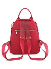 Women's Fashion Minimalist Backpack With Floral & Letter Embroidery, Vintage Style Dual-Shoulder Bag With Pom Pom Charm, Classic Mommy Bag & Student Backpack - Red - View 6