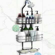 Estante para ducha y soporte para cabezal de duchaOrganizador de Ducha Colgante para Baño Estante de Ducha de 3 Niveles Con Ganchos y Cesta para Jabón Sin Taladrar para Baño Ducha - negro - Ver 1