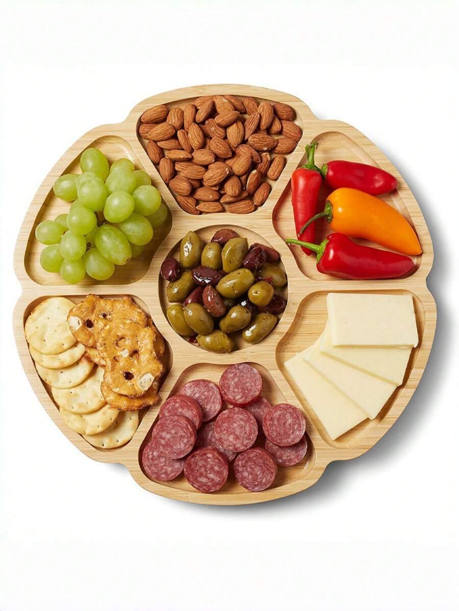 11.8英寸竹制食物托盘（太阳形状，7个隔间），适用于盛放零食/水果/烧烤/沙拉/坚果/甜点，也可作食物容器、坚果盒、午餐盒使用，适用于家庭/庭院/餐厅/酒店/厨房，可作餐具、厨房装饰、庭院装饰、斋月装饰、餐盘使用。 - 彩色 - 查看 1