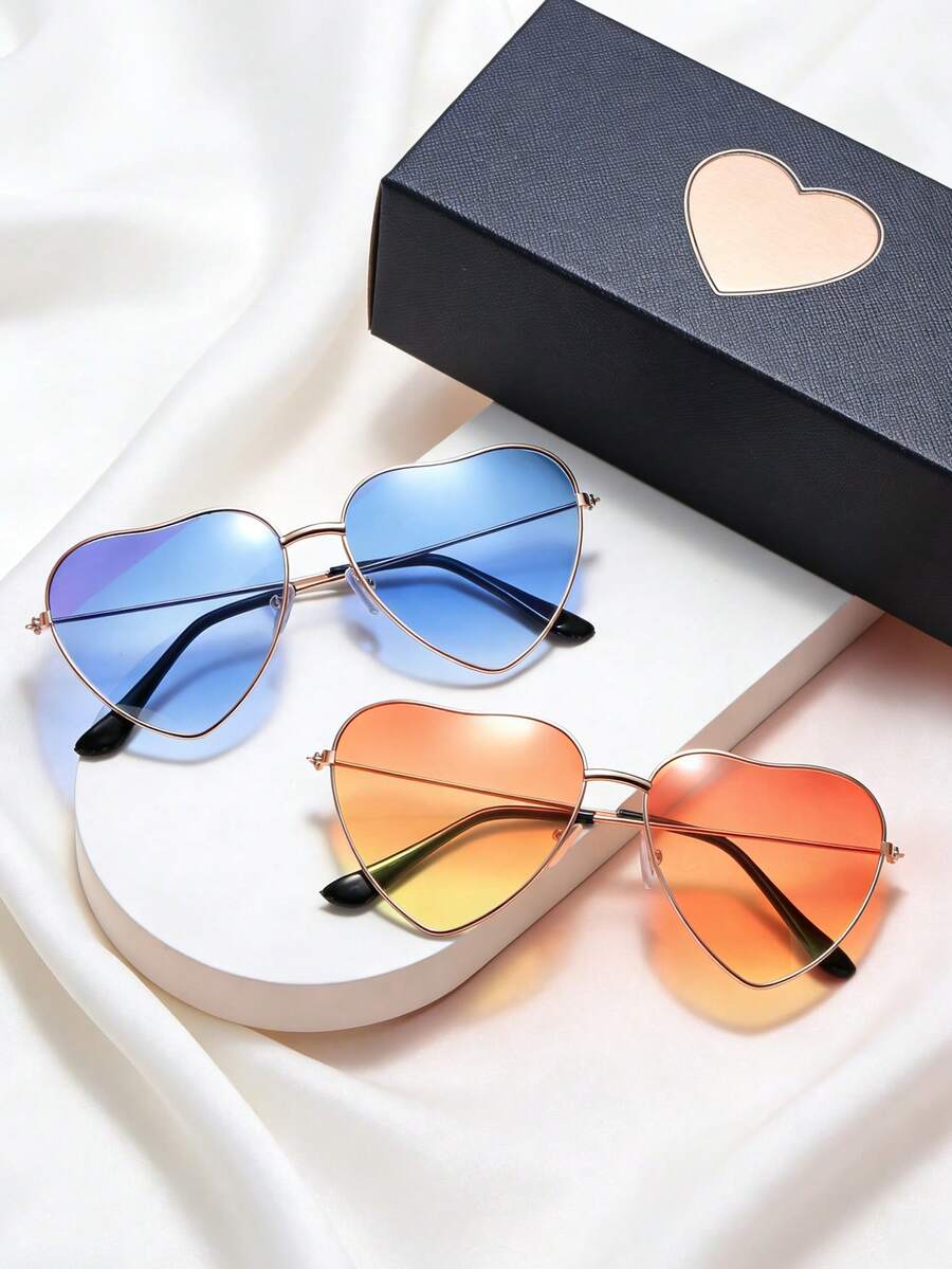 2副复古金属心形时尚眼镜，适合青少年，完美的情人节礼物 - 彩色 - 查看 1