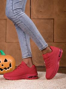 新款春夏系带红色真皮户外跑步鞋，时尚纯色简约步行鞋，男女通用运动鞋，舒适透气厚底缓震运动鞋，适合新年、春季、复活节、圣诞节、万圣节等场合。 - 紅色 - 查看 2