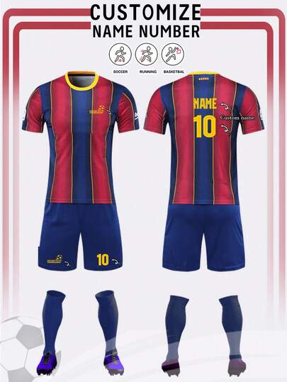 2pcs Football Jersey, Customized Soccer Uniform, 2021/22 Barcelona Home Soccer Jersey, Personalized Men's Soccer Outfit, Sports Suit, Men's Running Set, Summer Men's Outfit, T-Shirt Set, Football Jersey, Personalized Soccer Uniform, Football Jersey With Number Printing, Suitable For Football, Badminton, Basketball, Cycling