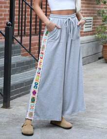 Womens Wide Leg Pants Stretch Casual Drawstring Waist Loose Lounge Sweatpants Crochet Panel Pant With Pocket - 灰色 - 查看 5