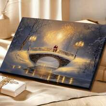1pc Framed Wall Art, Wrapped Canvas Poster Vintage Prints, Valentine, Winter, Couples On Bridges, Fireworks Displays, Snowy Landscapes-Modern, Realistic, Naturalistic, Whimsical Style, Birthday Party Decor, Decorative Wall Art For Living Room Bedroom Office, Hanging Hardware Included - Wrapped Framed Canvas, Horizontal - Framed Canvas - 查看 2