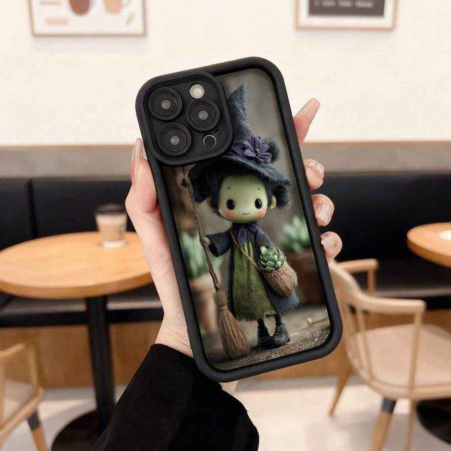 Cubierta de teléfono con diseño de bruja mágica verde y sombrero negro con flor púrpura para iPhone 14 Pro Max funda protectora de silicona negra ideal para uso diario en cafeterías y salas de estar,Aplicable a los teléfonos de la serie Apple y Galaxy - Blanco - Ver 1