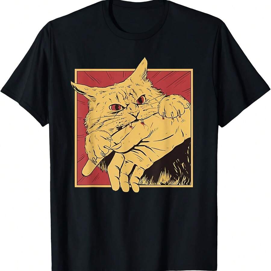Anime Cat Bite T-Shirt - Black - View 1