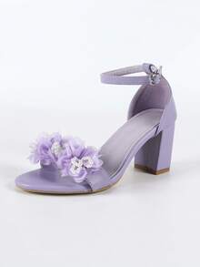 Women 3D Floral Decor Mid Heel Chunky Heel Design Solid Color Square Toe Ankle Strap Sandals Elegant Style For Work Dating Wedding Summer Purple Mid Heel Sandals - Mauve Purple - View 5