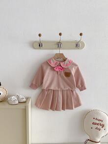 2件套女婴休闲运动时尚可爱小熊蝴蝶结装饰长袖卫衣+百褶裙套装，春秋季 - 粉色 - 查看 3
