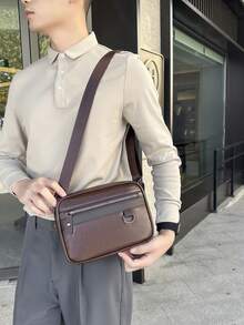 1pc Men's PU Large Capacity Messenger Bag, Multi-Pocket Shoulder Bag, Retro Printed Men's Backpack Valentine'S Day Phone Bag - Multicolor - View 7