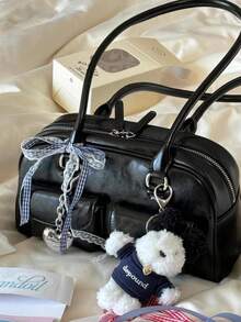Women's Horizontal Boston Bag With Ribbon Decoration, Large Capacity, Lightweight PU Material, Fashionable & Cute, Popular Model, Perfect For Commuting To Work Or School - Black - View 2