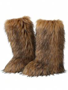 Faux Fur Winter Boots For Women Knee High Fluffy Long Fuzzy Flat Heel Boots For Girls Outdoor Tall Furry Shoes Warm Thigh High For Halloween Christmas Party - 棕色 - 查看 3